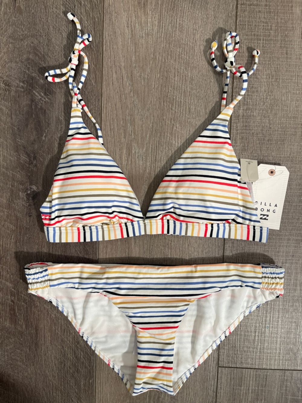 Billabong Striped Triangle Bikini - White with Navy, Red & Yellow Stripes